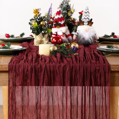 Burgundy Red Cheesecloth Table Runner 6 Pack Christmas Red Table Runners Boho Gauze 120 Inches Cheese Cloth Table Decor for Xmas Holiday Season Parties Weddings Candlelight Dinner