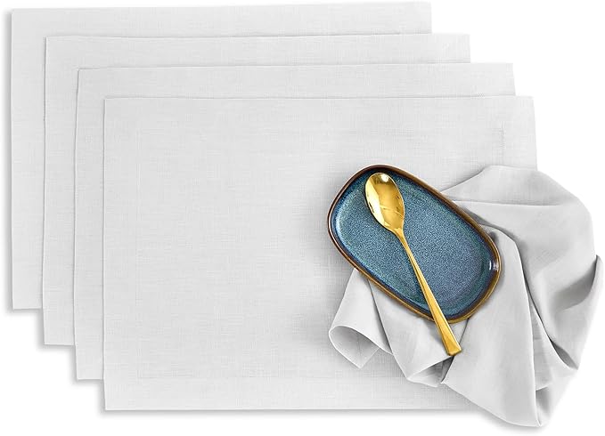 Solino Home Linen Placemats Set of 4 - Silver Cloud Placemats 14 x 19 Inch - 100% Pure Linen Table Place Mats for Fall, Autumn - Fete