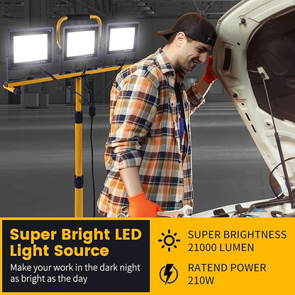 21000 Lumen Work Lights with Stand, 3 Adjustable Head LED Work Light, with Adjustable and Foldable Tripod Stand, Waterproof Lamp with Individual Switch with 6500 Kelvin Color Temperature