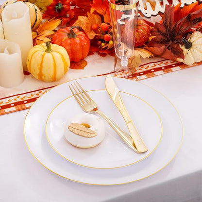 Liacere 175PCS White and Gold Plastic Plates - Gold Plate Include 50Plastic Plates, 25Forks, 25Spoons, 25Knives, 25Napkins, 25Champagne Flutes Plastic for Party & Wedding & Christmas & New Year