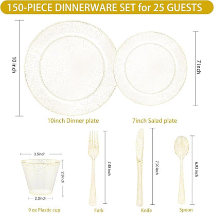 150 PCS Gold Glitter Disposable Dinnerware Set for 25 Guests, Plastic Plates for Party, Including 25 Dinner Plates, 25 Salad Plates, 25 Cups, 25 Forks Knives Spoons for Wedding and Party Supplies