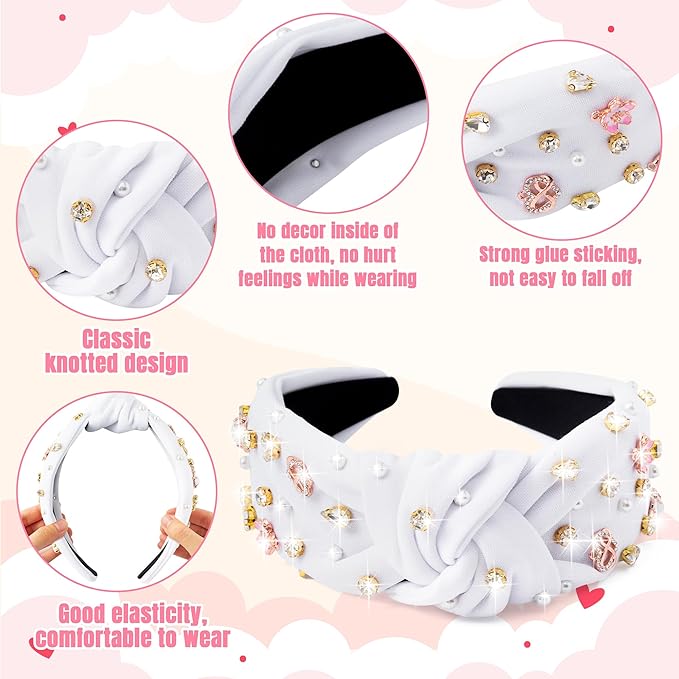 PANTIDE Heart Jeweled Knotted Headband - Rose Gold Flower Rhinestone Crystal Embellished Headband Wide Top Knot Fashion Hairband Accessories Birthday Gift for Women Girl (White)