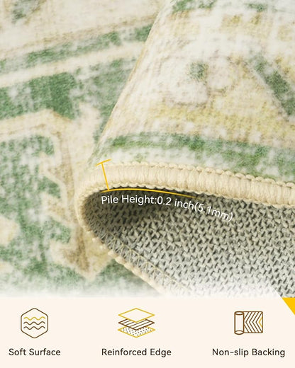 Area Rugs Square 8ft Washable Non-Slip, Floral Vintage Distress Print Pattern Medallion Carpet for Living Room Bedroom Dining Room, Sage Green Yellow