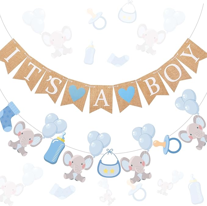 2 Pcs Baby Boy Shower Decorations Pre-Strung It's A Boy Burlap Banner and Elephant Baby Banner for Gender Reveal Birthday Shower Party Decorations