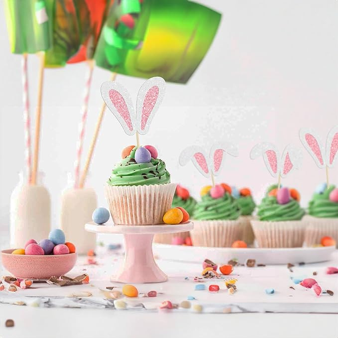 Ephlyn 24 Pcs Happy Cupcake Toppers Glitter Rabbit Ear Cupcake Picks Happy Easter Day Theme Baby Shower Kids Birthday Party Cake Decorations