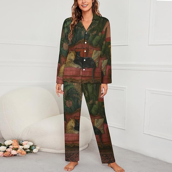 Lemons Leaves Ceramic Style Womens Pajama Set Long Sleeve Pajamas Top And Pants Soft Loungewear Pjs Sets