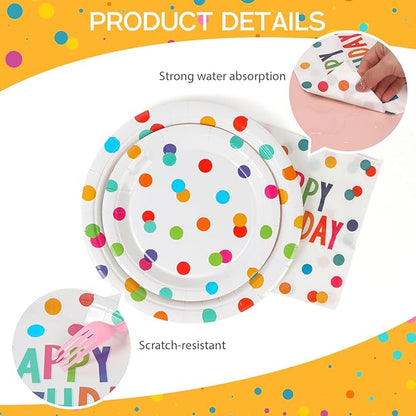 100pcs Birthday Party Plates Disposable Tableware Set Colorful Polka Dots Paper Plates for 25 Guests Party Supplies Baby Shower(Include 7" & 9" Plates, Cups and Napkins)