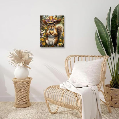 Western Squirrel Wall Art, Squirrel Peanut Pictures Wall Decor, Country Rustic Animal Canvas Prints, Forest Flower Painting, Framed Artwork for Bathroom Living Room Bedroom Dining Room 24"X16"