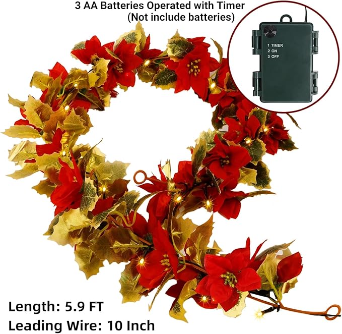 Glintoper Christmas Poinsettia Garland, 9 FT Lighted Artificial Garlands with Red Flowers, Battery Operated with Timer Poinsettia String Lights, Light up for Xmas New Year Holiday Home Decor