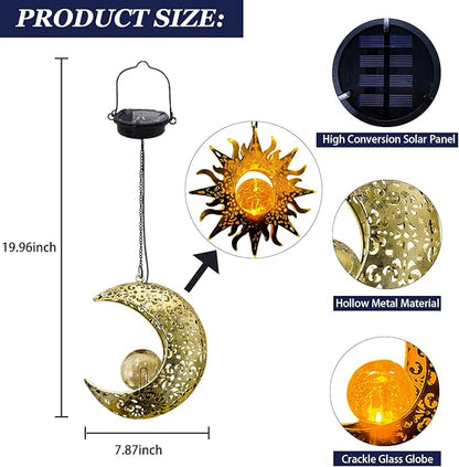 Solar Hanging Sun and Moon Lights Garden Outside Decor,2 Pack Metal Lanterns Outdoor Sunflower Art Decorations for Porch Backyard Patio Wall Tree,Unique Gardening Gifts for Women Mom Grandma