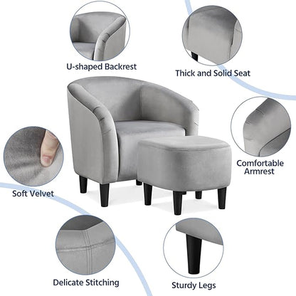Yaheetech Accent Chair with Foot Rest, Mid Century Modern Upholstered Soft Barrel Chair Comfy Fabric Armchair and Footrest Set for Living Room/Bedroom/Reading Room, Gray, 2pcs