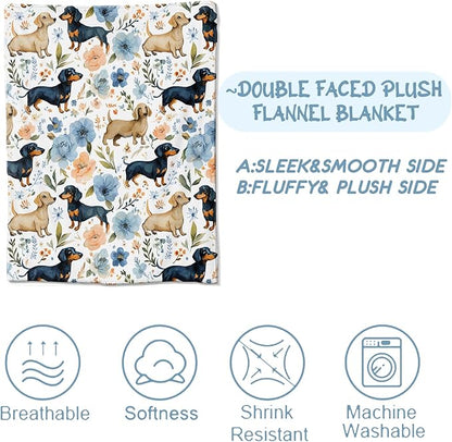 Cute Dachshund Floral Blanket,Funny Dog and Colorful Flower Blankts,Gifts for Kids Puppy Lovers,Home Dorm Cabin Pet Area Picnic and Travel Decor, Soft Cozy Lightweight Flannel Throw,50"x60"