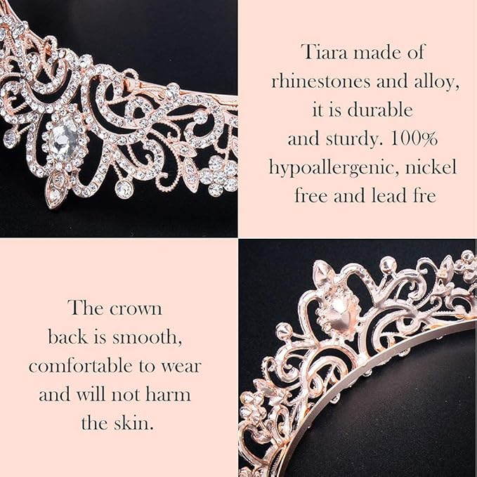 COCIDE Tiara Crystal Crowns Princess Rhinestone Crown with Combs Bride Headbands Bridal Wedding Prom Birthday Party Hair Accessories Jewelry for Women Girls (Rose Gold)