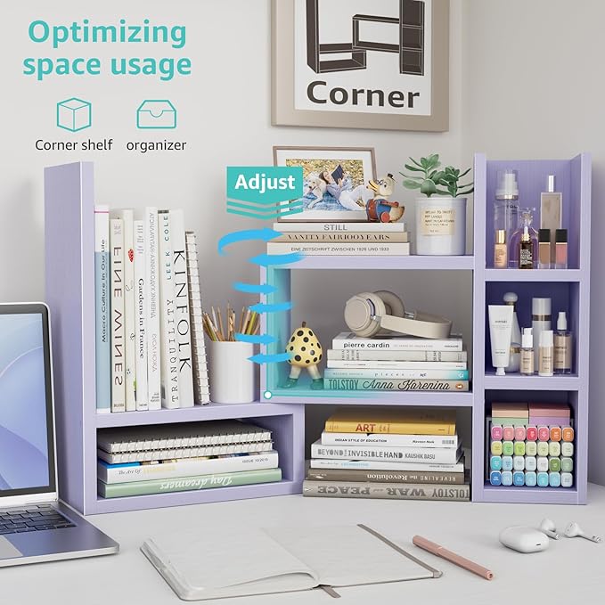 Desk Shelves Desktop Organizer Shlef - Purple Office Organization for Top of Desk Organizers and Accessories Corner Bookshelf Table Top Shelving Small Hutch Decorations for Women Office