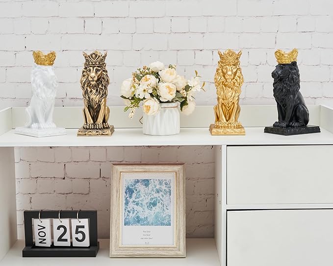 Lion Statue Decor 9 inch Resin, Gold Decor Accent Crown Lion Statue Man Home Office Desk Table Shelf Decoration, Men Father Leo Gift