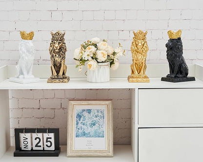 Lion Statue Decor 9 inch Resin, Gold Decor Accent Crown Lion Statue Man Home Office Desk Table Shelf Decoration, Men Father Leo Gift