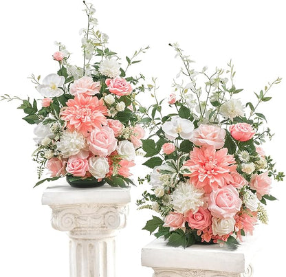 TINGE TIME Free Standing Artificial Flowers Set of 2, Wedding Arch Altar Stage Decorations, Silk Fake Flower for Wedding Centerpiece Archway Aisle Welcome Entrance (PeachPink&White)
