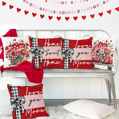 GEEORY Valentine's Day Love You More Home Sweet Home Throw Pillow Covers 18x18 Inch Set of 4, Eucalyptus Hearts Truck Stripes Decorative Farmhouse Wedding Cushion Case for Home Decoration G653-18