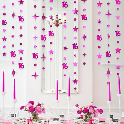 Hot Pink Number 16 Circle Dot Twinkle Star Garland Hanging Streamer Bunting Banner Backdrop Decorations for Girls Happy 16th Birthday Sweet Sixteen 16th Anniversary Cheers to 16 Years Party Decor