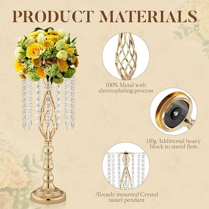12 Pcs 21.7 Inch Tall Gold Centerpieces For Table Wedding-Metal Flower Gold Vases For Centerpieces For Wedding Reception With Crystal Fringe-Flower Stand For Wedding, Birthday(Centros De Mesa)