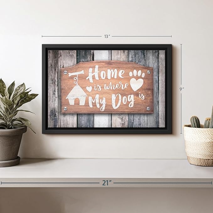 Elephant Stock Home Is Where My Dog Is Wall Art - Horizontal Floating Framed Canvas - 1-Piece Living Room Wall Decor - Pet Digital Art Canvas Print - Gray and Beige Decor for Wall - 13" X 9"