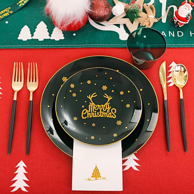 Nervure 175PCS Christmas Plastic Plates - Green and Gold Disposable Plates & Gold Plastic Silverware with Green Handle include 50 Plates 25Knives 25Forks 25Spoons 25Napkins for Christmas Party