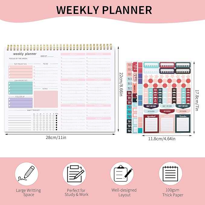 Weekly To Do List Notepad, 8.5''x11'' Weekly Desk Planners with 52 Tear Off Sheets Undated Planner Habit Tracker & Productivity Organizer for Home and Work, Pink