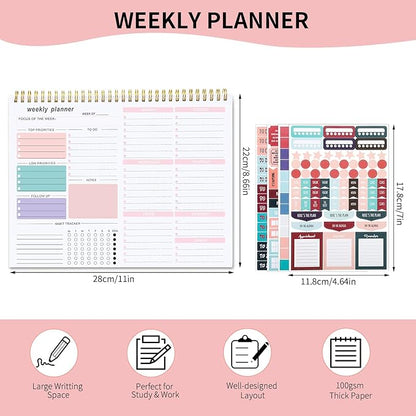 Weekly To Do List Notepad, 8.5''x11'' Weekly Desk Planners with 52 Tear Off Sheets Undated Planner Habit Tracker & Productivity Organizer for Home and Work, Pink