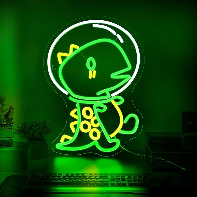 Dinosaur Neon Sign, JGHTURIE Animal Led Neon Signs for Wall Decor Astronaut Dinosaur Green Light Up Sign Game Room Kids Boys Bar Signs for Man Cave Decor USB Powered