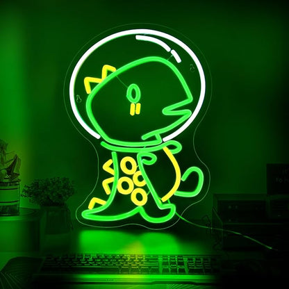 Dinosaur Neon Sign, JGHTURIE Animal Led Neon Signs for Wall Decor Astronaut Dinosaur Green Light Up Sign Game Room Kids Boys Bar Signs for Man Cave Decor USB Powered