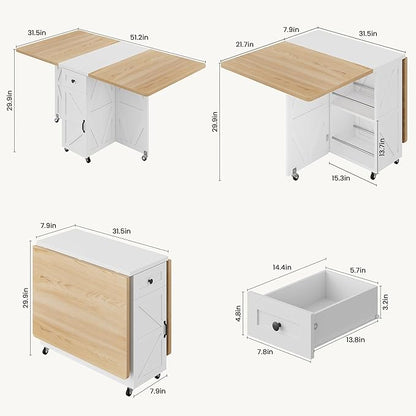 Space Saving Folding Dining Table for 4, Farmhouse Foldable Dining Table with Drawer and Storage Shelf, 6 Wheels Multipose Expandable Kitchen Drop Leaf Table for Small Space (Pear Wood White)