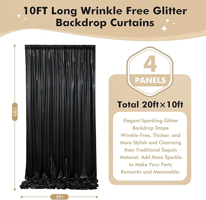 20ftx10ft Shimmer Black Sequin Backdrop Curtain for Parties, Thick Wrinkle Free Glitter Backdrop Drapes Photo Back Drop Curtains for Birthday Wedding Halloween Photography Background-4 Panels 5x10ft