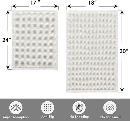 MIULEE Set of 2 Waffle Bathroom Rugs, Boho Bath Rugs Non Slip Washable, Super Absorbent Bath Mats, Ultra Soft Rubber Backed Shower Mats for Bathroom Floor, Tub, White, 17"x24"+18"x30"