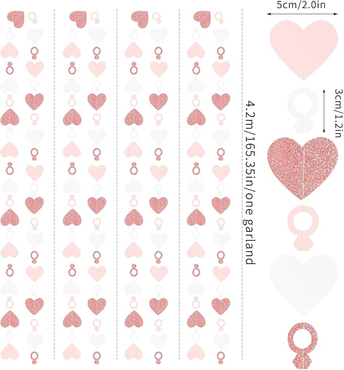 Rose-Gold Pink White Heart-Ring Garland - 52Ft Engagement Bachelorette Party Decorations Wedding Paper Streamers Banner,Galentines Proposal Decor Lasting Surprise