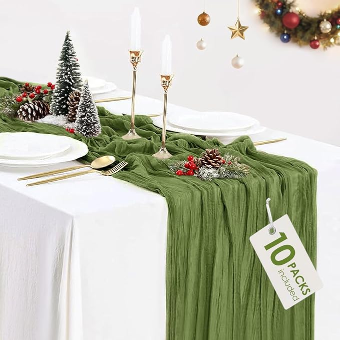 10 Packs Olive Green Cheese Cloth Table Runners, 10FT Boho Gauze Moss Green Cheesecloth Table Runner for Wedding Bridal Baby Shower Fall Thanksgiving Christmas Table Decoration