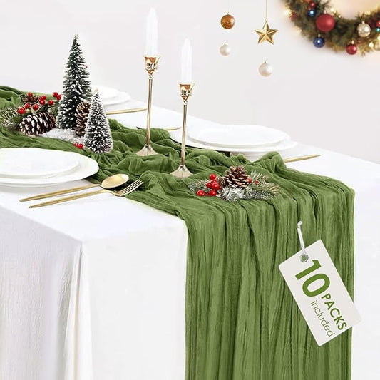 10 Packs Olive Green Cheese Cloth Table Runners, 10FT Boho Gauze Moss Green Cheesecloth Table Runner for Wedding Bridal Baby Shower Fall Thanksgiving Christmas Table Decoration