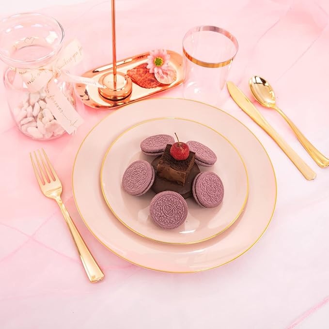 LIYH 180 Pcs Pink Plastic Plates - Disposable Dinnerware Set, Pink Dinner Plate Dessert Plate,Gold Plastic Silverware Cups for Weddings,Birthday Party 30 Guests