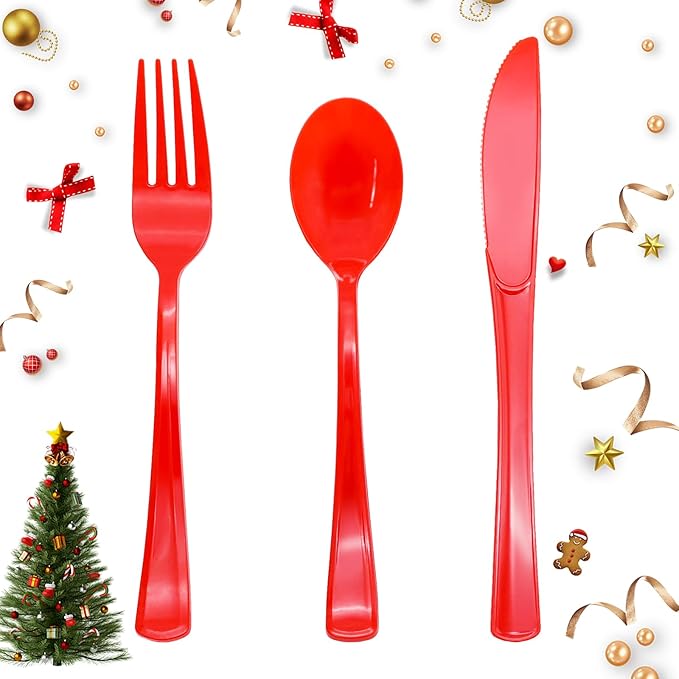150 Pack Red Plastic Silverware, Red Plastic Utensils, Disposable Cutlery Heavy Duty, 50 Forks, 50 Spoons, 50 Knives for Birthday, Graduation Party, Flag Day, 4th of July