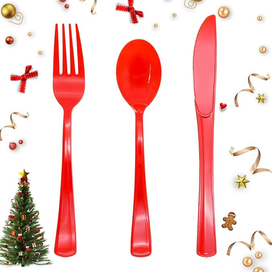 150 Pack Red Plastic Silverware, Red Plastic Utensils, Disposable Cutlery Heavy Duty, 50 Forks, 50 Spoons, 50 Knives for Birthday, Graduation Party, Flag Day, 4th of July