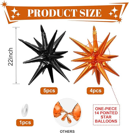 Black Orange Star Balloons,9Pcs 22Inch Black Orange Explosion Spike Cone Helium Polyester Film Star Foil Balloons for Birthday Halloween Graduation Baby Shower Party Decorations