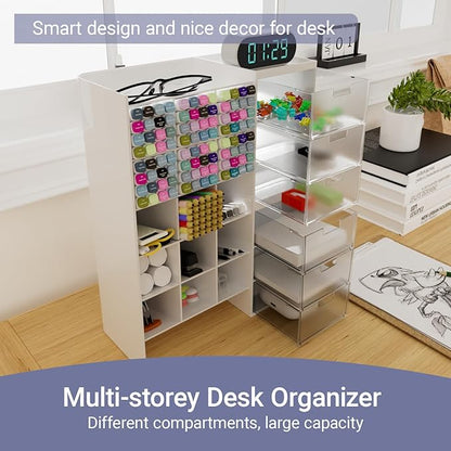 White Plastic Desktop Organizer – Stackable Office Desk Supplies Storage, Stationary,Marker,Crayon Organizer with Drawer – Perfect for Office, School, or Makeup Storage