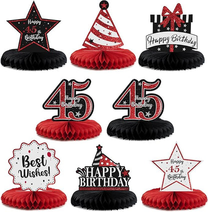 Happy 45th Birthday Decorations,45th Bday Red Glitter Shiny Stand Honeycomb Table Centerpieces - Cheers to 45 Years Old Birthday Party Photoprop Gift Sign.