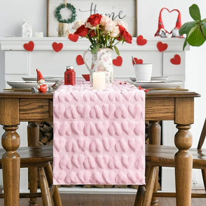 Artoid Mode Pink Soft Plush Faux Fur Jacquard Heart Valentine's Day Table Runner, Seasonal Kitchen Dining Table Decoration for Home Party Decor 13x72 Inch