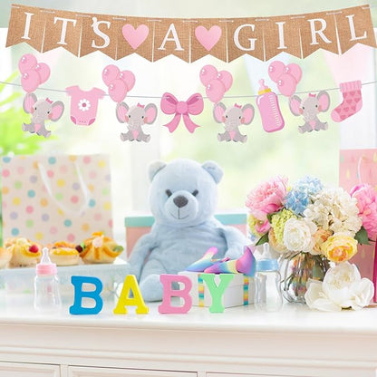 2 Pcs Baby Girl Shower Decorations Pre-Strung It's A Girl Burlap Banner and Elephant Baby Banner for Gender Reveal Birthday Shower Party Decorations