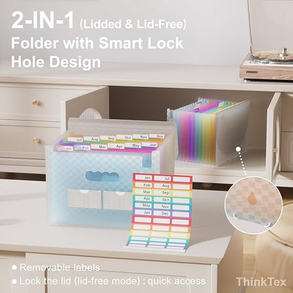 ThinkTex Accordion File Organizer, 12 - Pocket Expanding File Folders for Paper Receipts, Bills & Taxes Organizer, Letter/A4 Size Document Holder for School, Office, Home with Colorful tabs- Blue