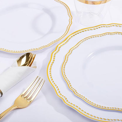 Hioasis 350pcs White and Gold Plastic Plates - Gold Plastic Dinnerware Set Includes 50 Dinner Plates, 50 Dessert Dinnerware, 50 Cups, 50 Rolled Napkin Cutlery Perfect for Wedding & Party