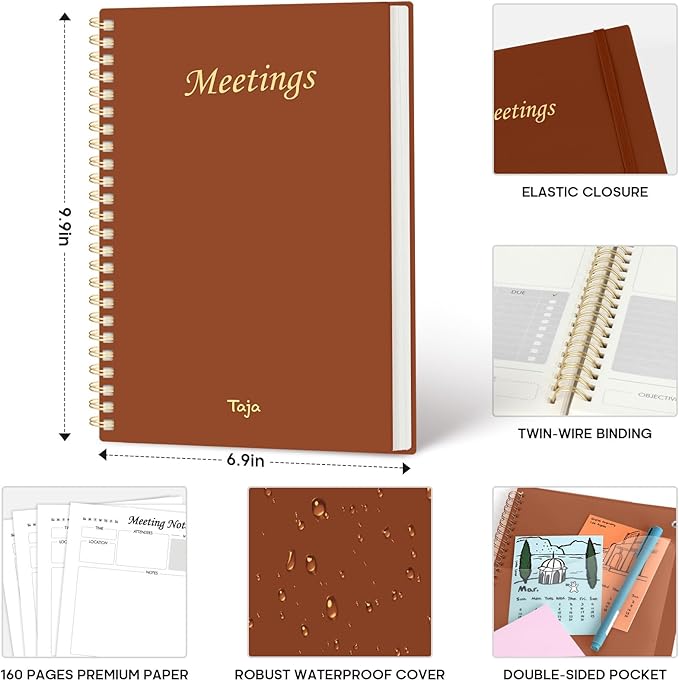 Taja Meeting Notebook for Work Organization - Work Planner Notebook with Action Items, Agenda Planner for Note Taking, 160 Pages (6.9" X 9.9") Project Organizer for Men & Women - Rust Brown