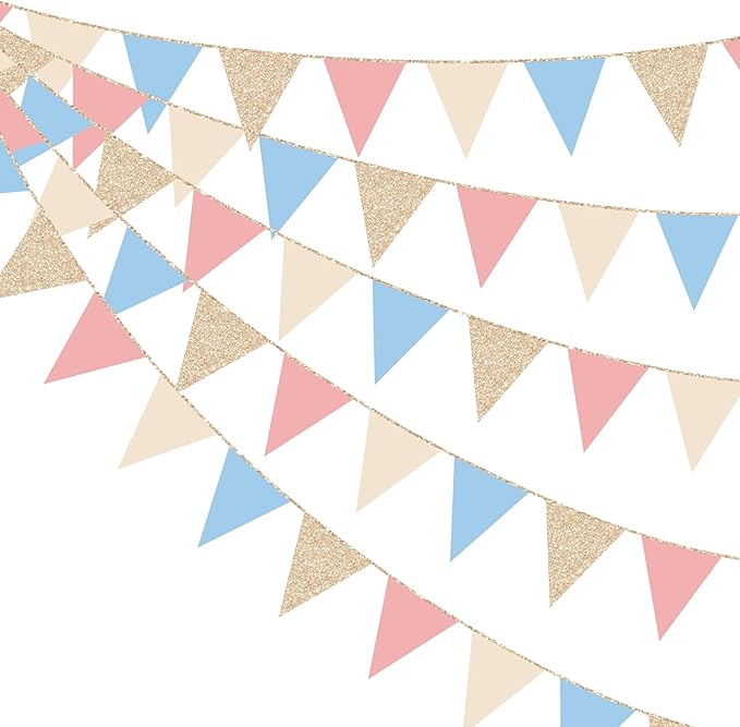 Dusty Rose Pink and Blue Beige Champagne Gold Party Decorations Pennant Banner Flag Hanging Paper Triangle Bunting for Retro Gender Reveal Baby Shower Birthday Bridal Shower Wedding Party Supplies
