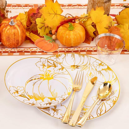Liacere 175PCS Thanksgiving Plates- Gold Pumpkin Plastic Plates-Thanksgiving Plastic Plates and Napkins Sets Include 50 Plastic Plates,75 Thanksgiving Dinnerware，25 Gold Cups 25 Napkin