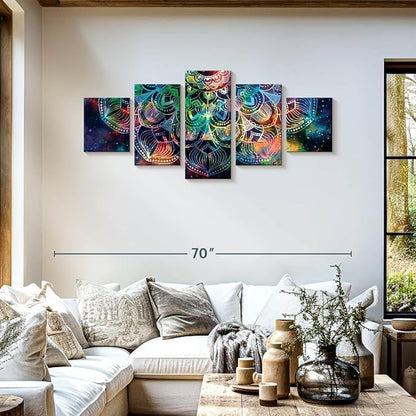 ElephantStock - Celestial Mandala Wall Art - Horizontal Multi Panel Canvas - 5 Piece Living Room Wall Decor - Digital Art Elements Multi Piece Wall Art - Turquoise And Blue Decor - 55" x 24"